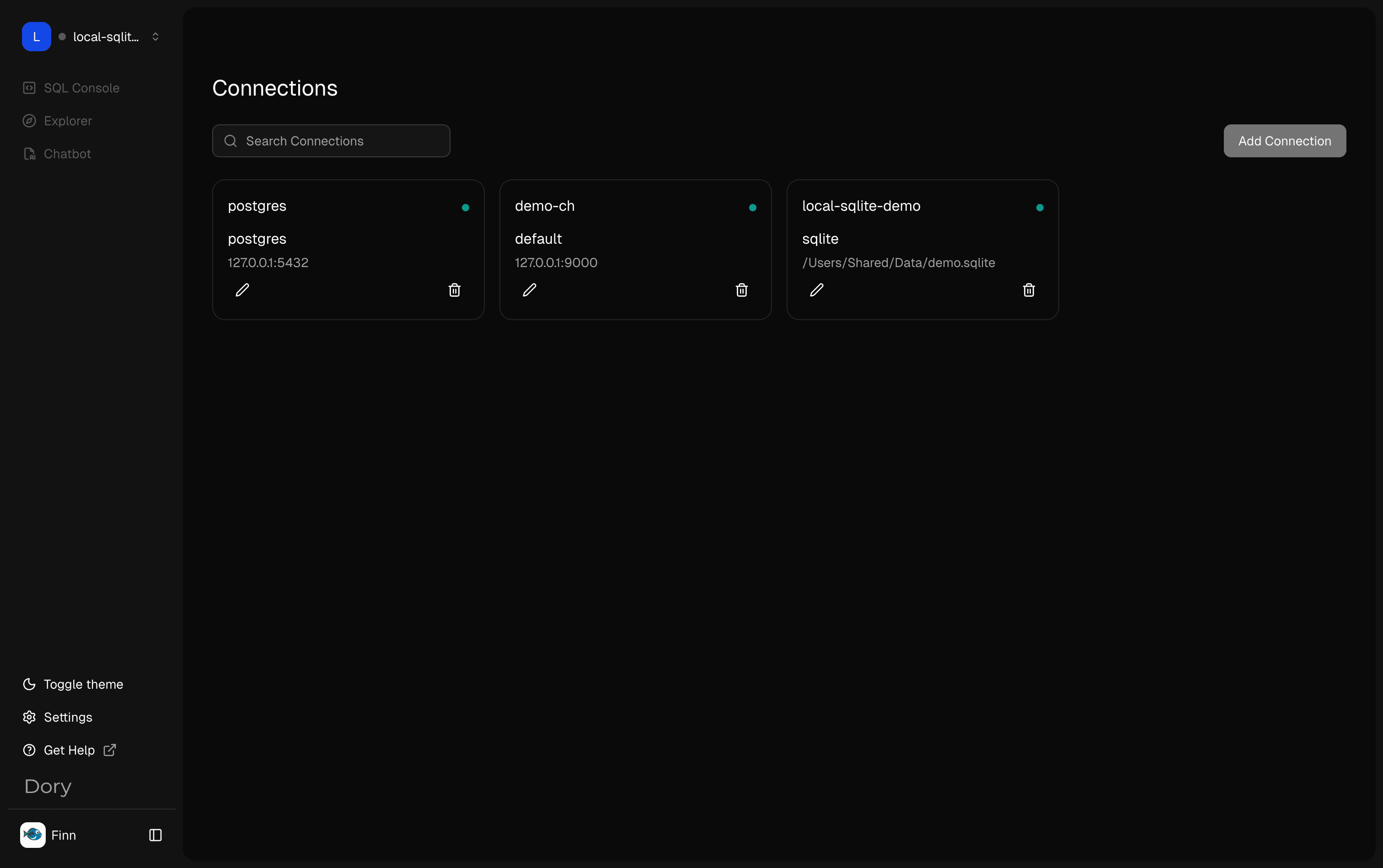 Dory desktop SQLite connection