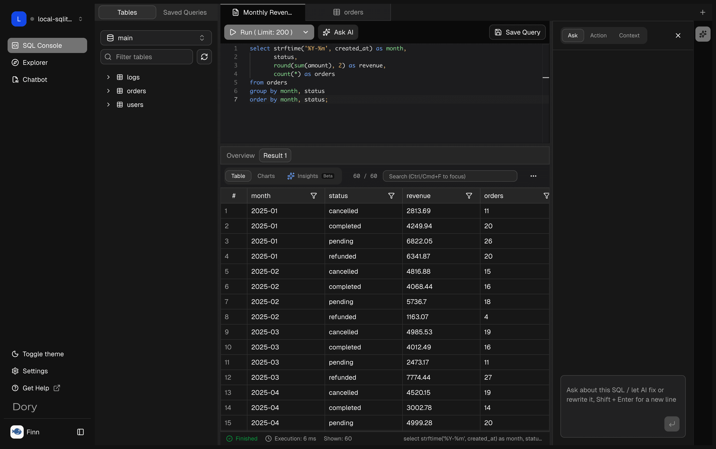 Dory desktop SQL Console SQLite result