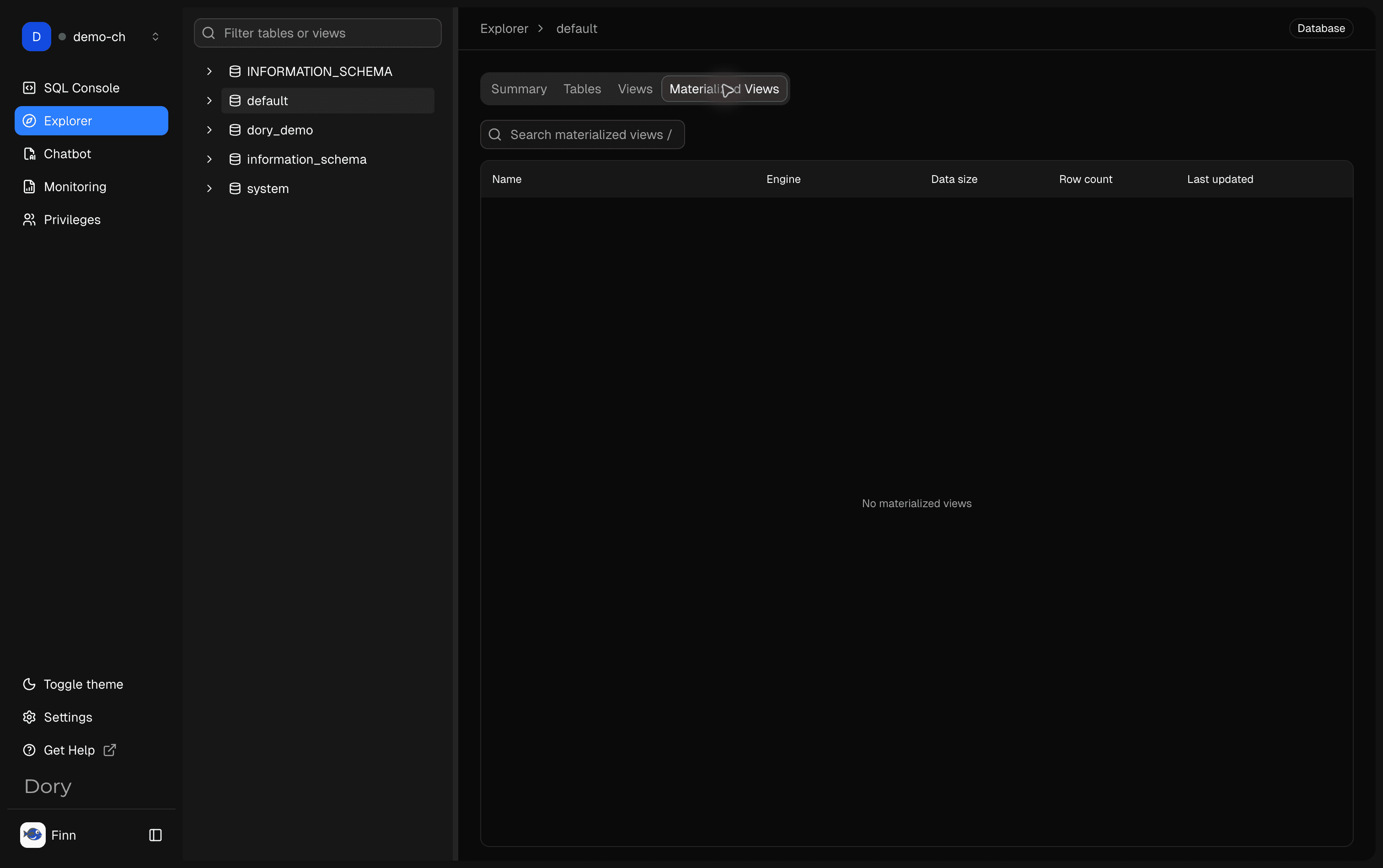 Dory Explorer materialized views list