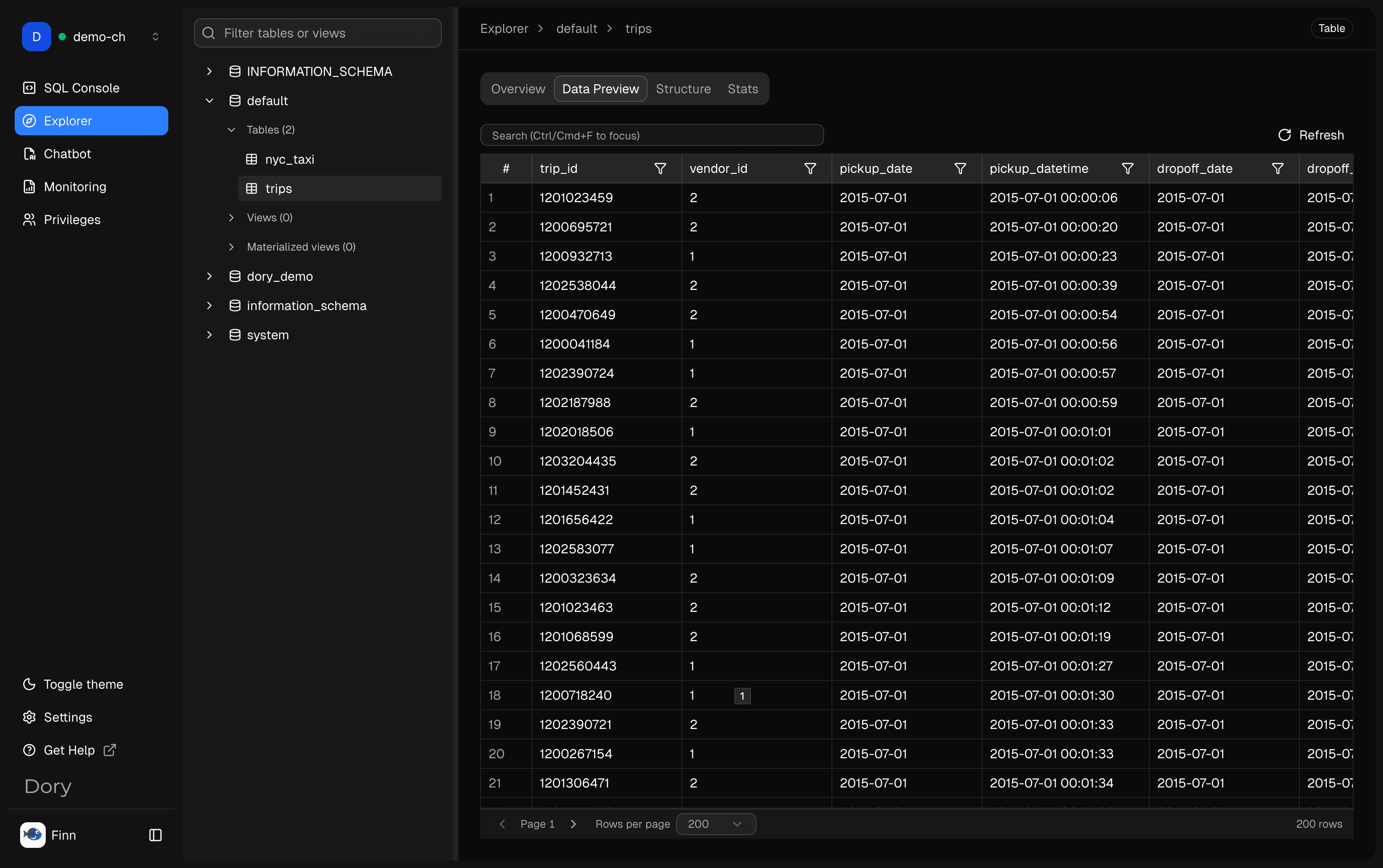 Dory Explorer table data preview