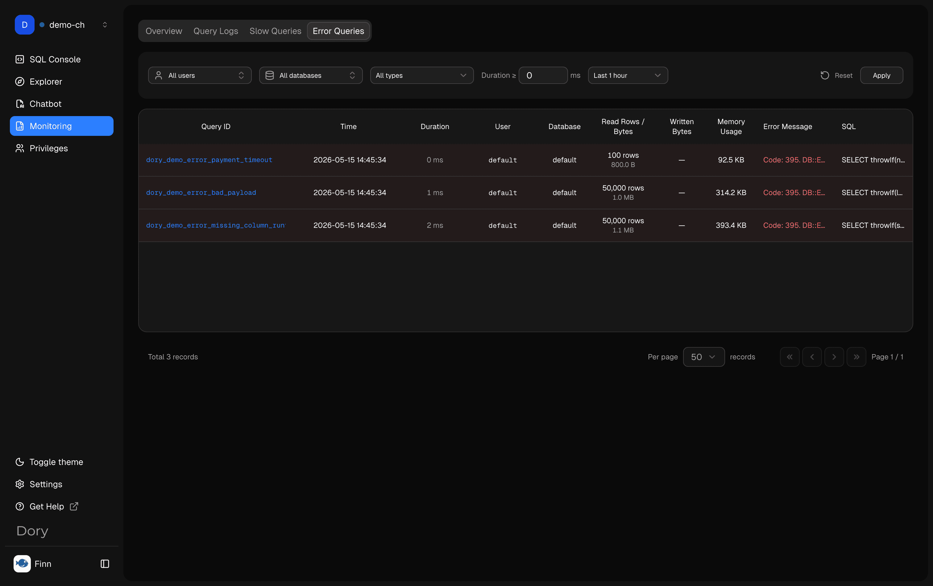 Dory Monitoring error queries