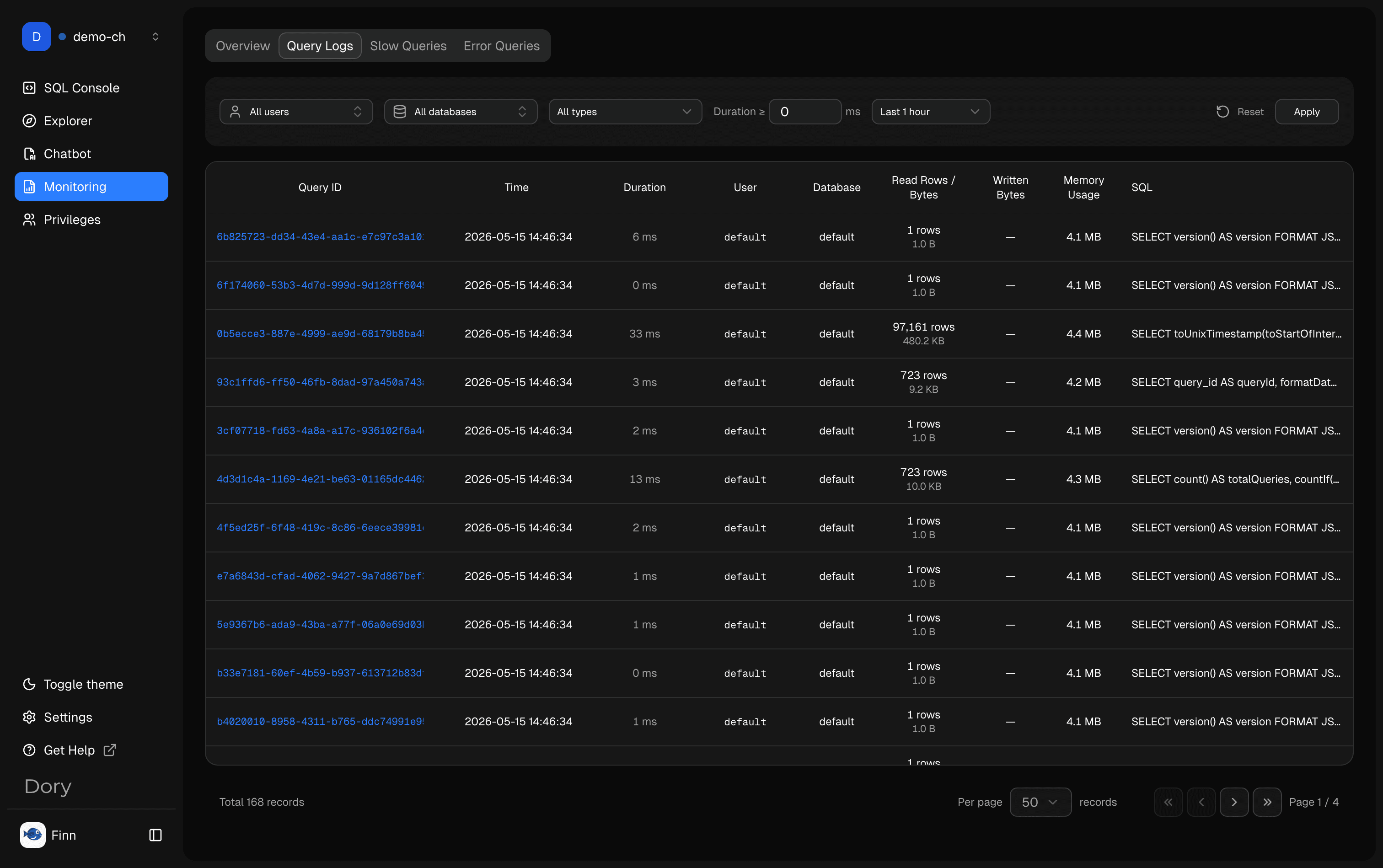 Dory Monitoring query logs