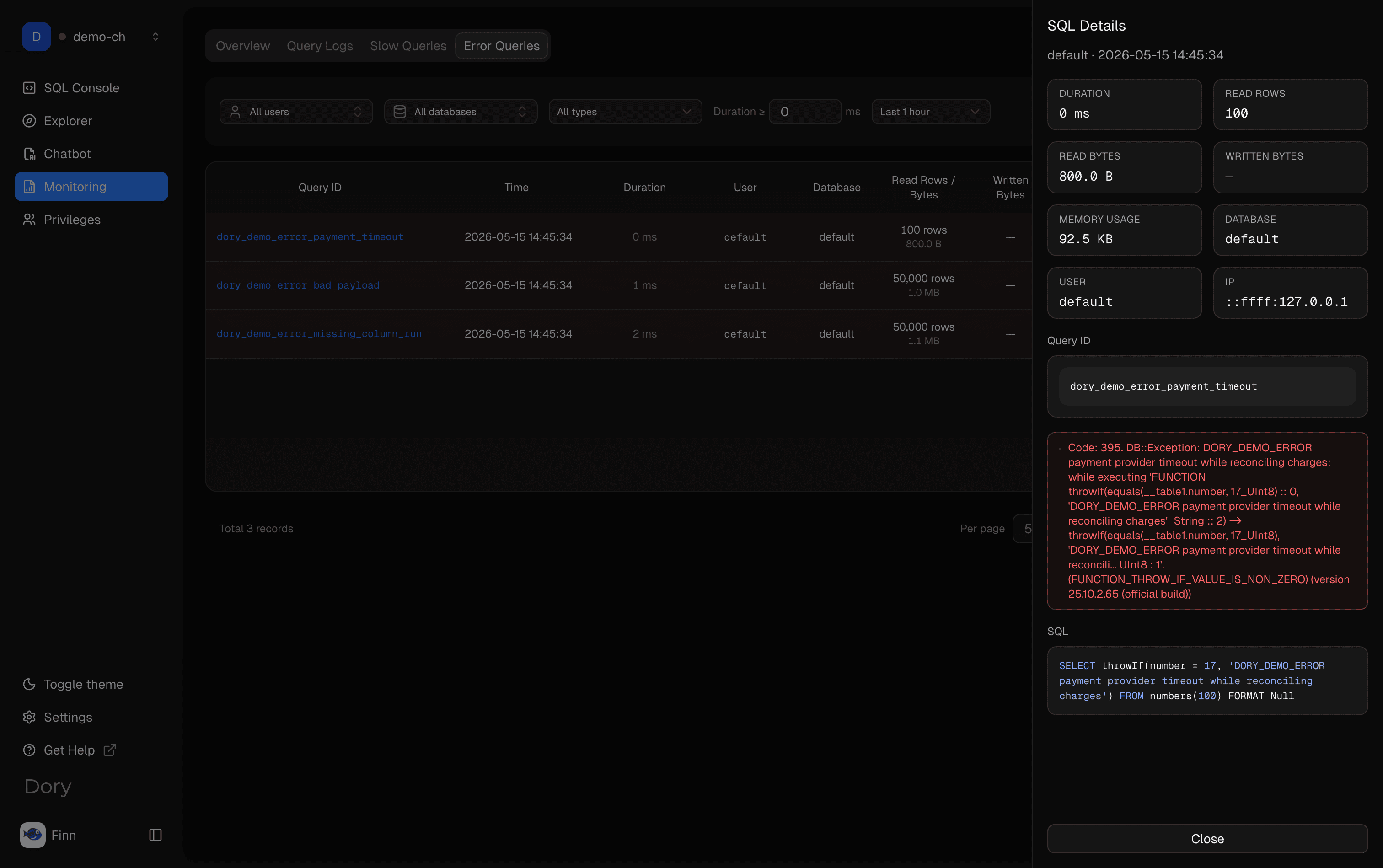 Dory Monitoring SQL details panel