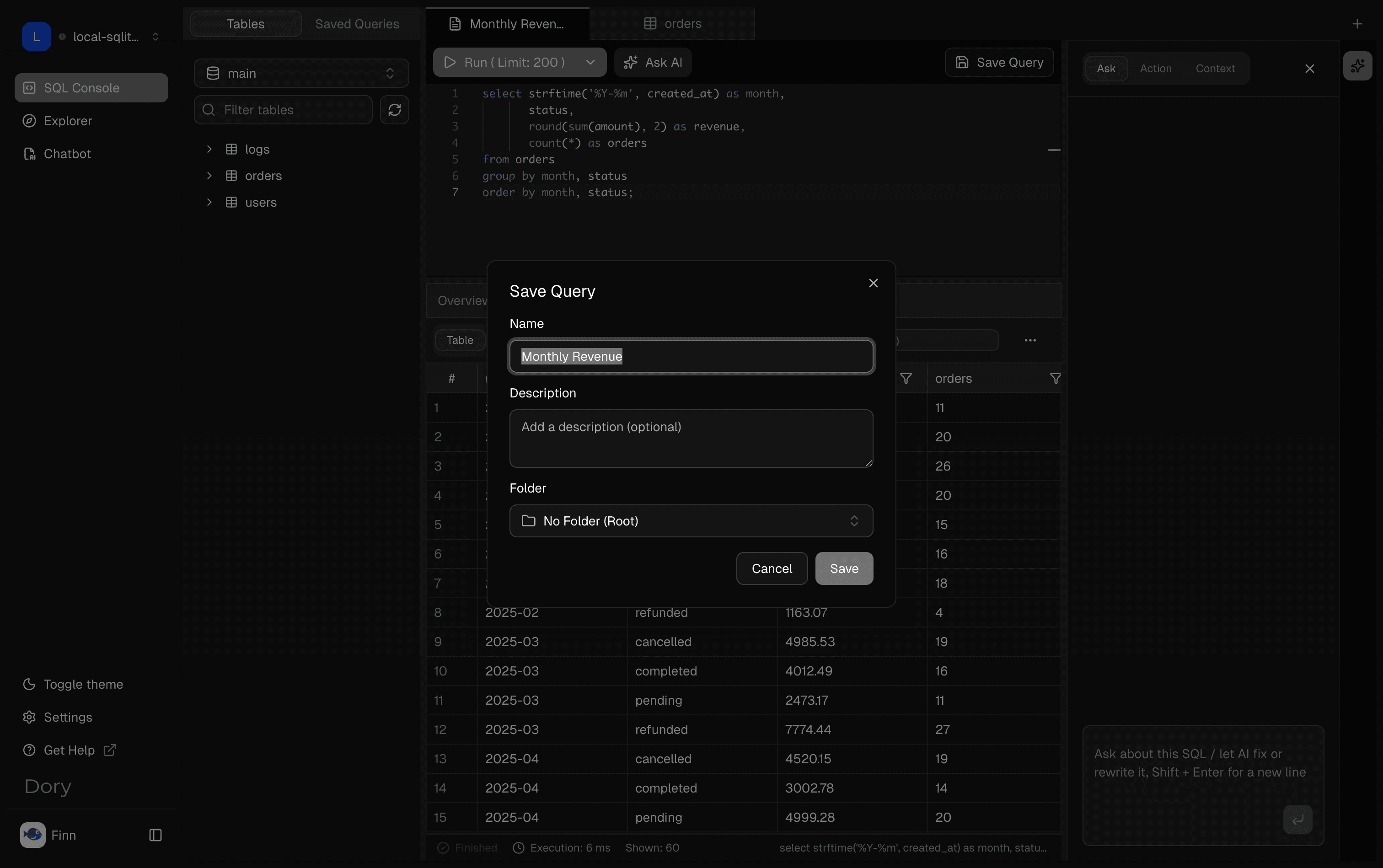 Dory SQL Console save query dialog