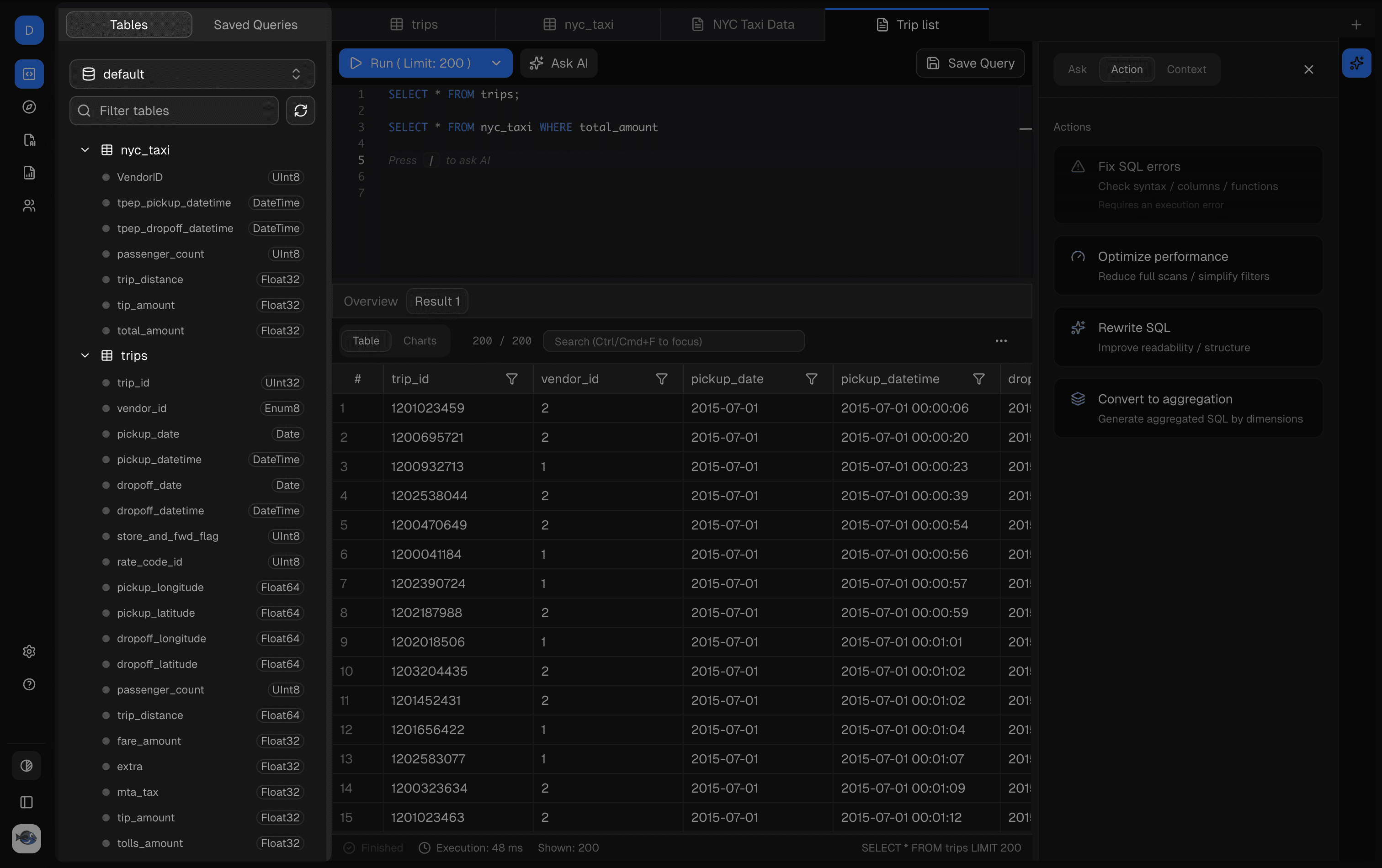 Dory SQL Console schema panel